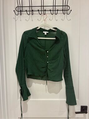 Topshop Dark Green Ruched Button-Front Collared Blouse
